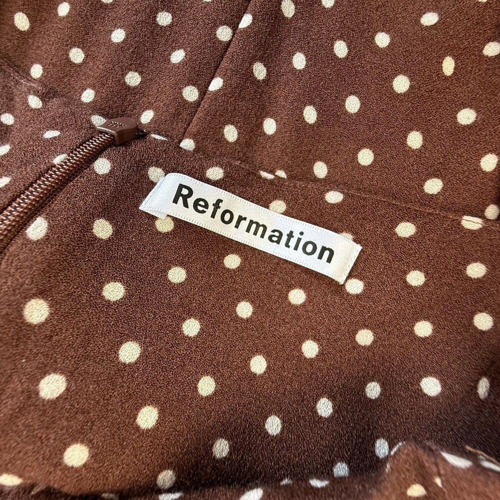 Reformation Sarah Polka Dot Mini Dress Size 8 Brown Shoulder Ties Skater Strappy - Picture 3 of 9